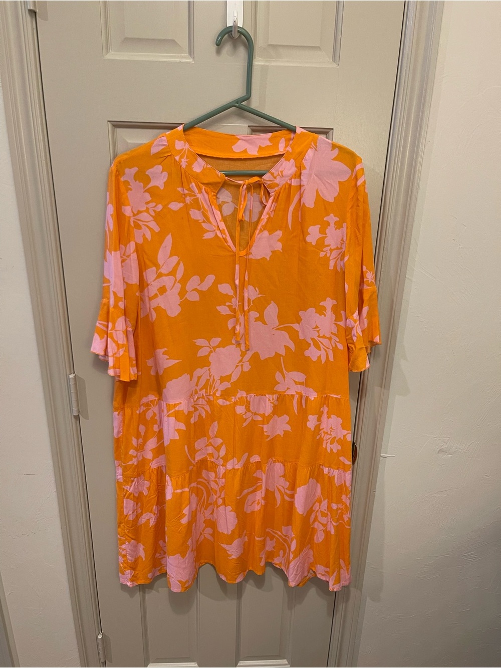 Women’s Orange Floral Tie-Neck Mini Dress with Pink Print